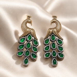 German silver green peacock chandelier earrings