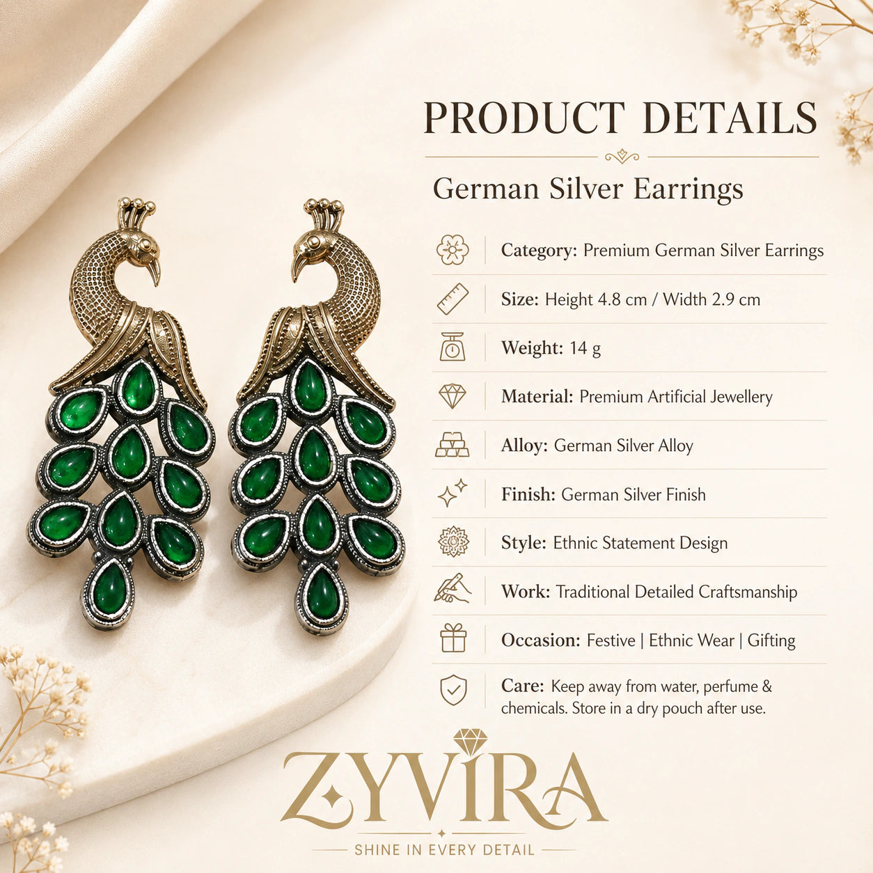 Product details card for German silver green peacock chandelier earrings