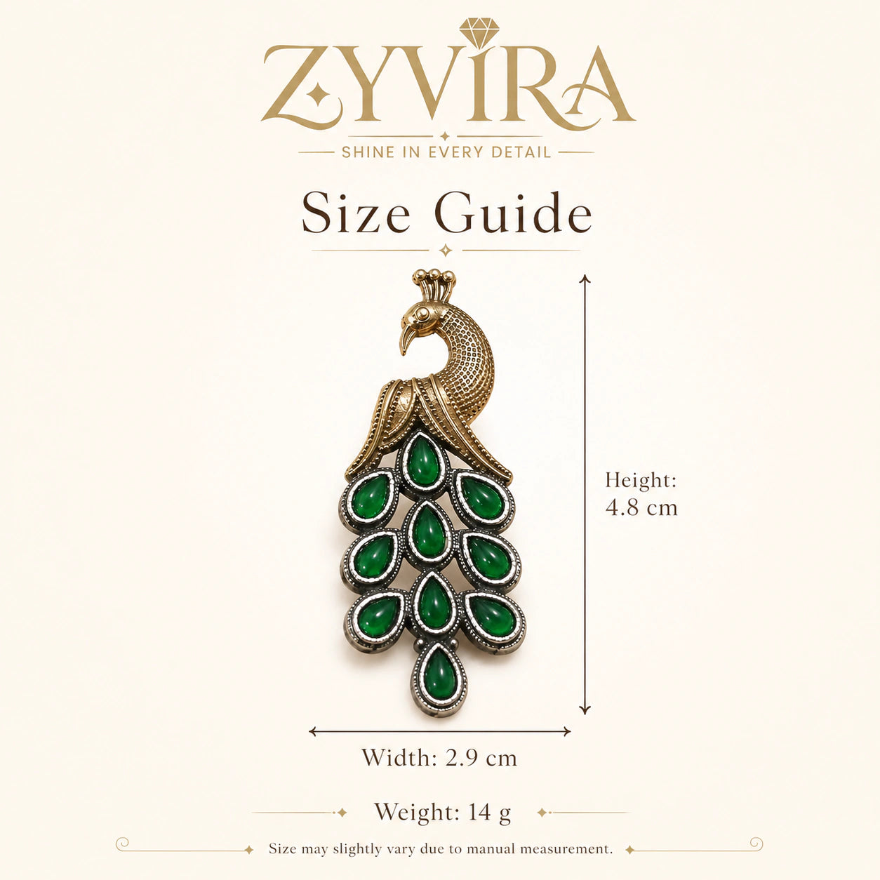 Size guide showing the proportions of green peacock chandelier earrings