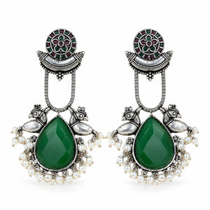 German silver green pearl-style bird-motif dangle earrings
