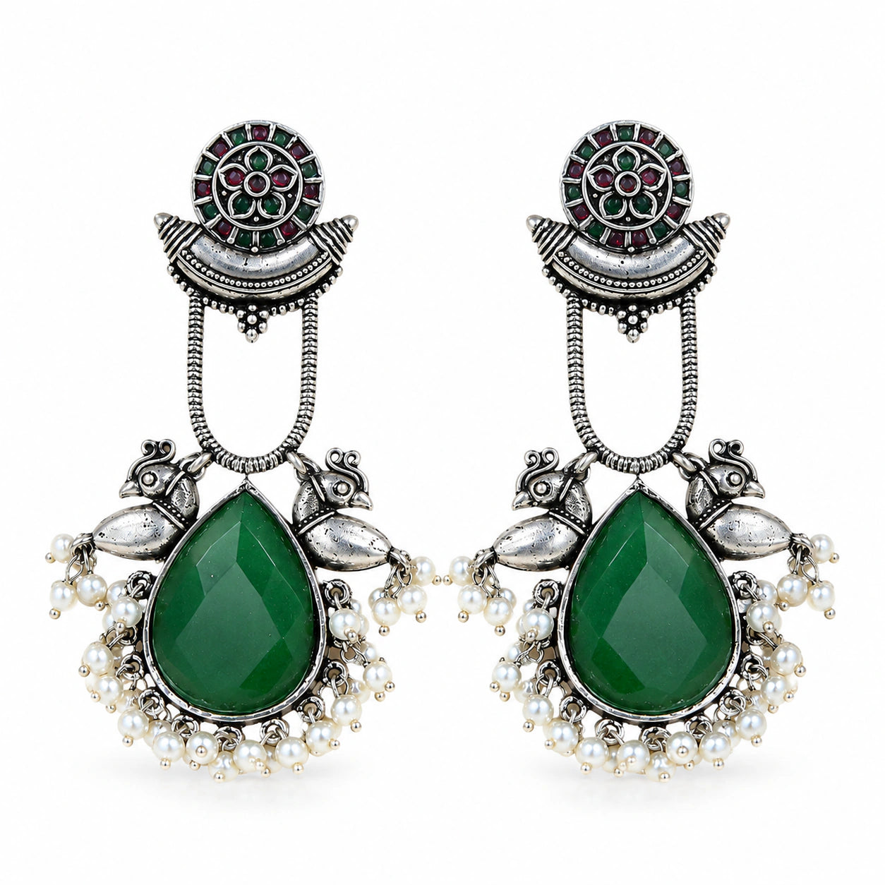 German silver green pearl-style bird-motif dangle earrings