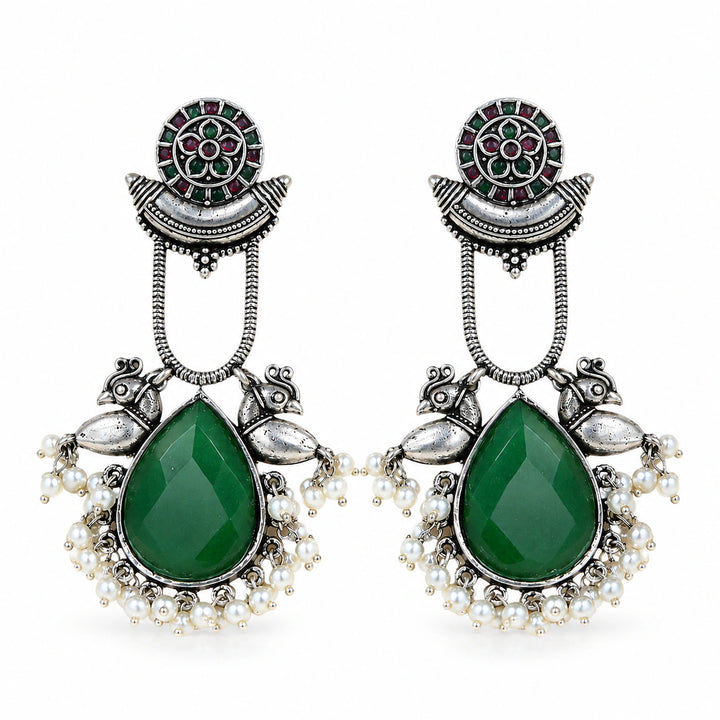 German silver green pearl-style bird-motif dangle earrings