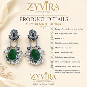 Product details card for German silver green pearl-style bird-motif earrings