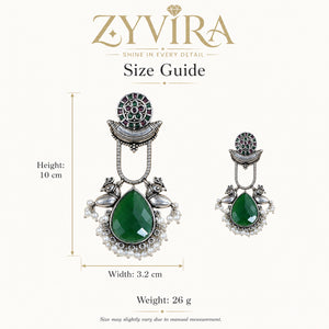 Size guide showing the proportions of green pearl bird-motif earrings