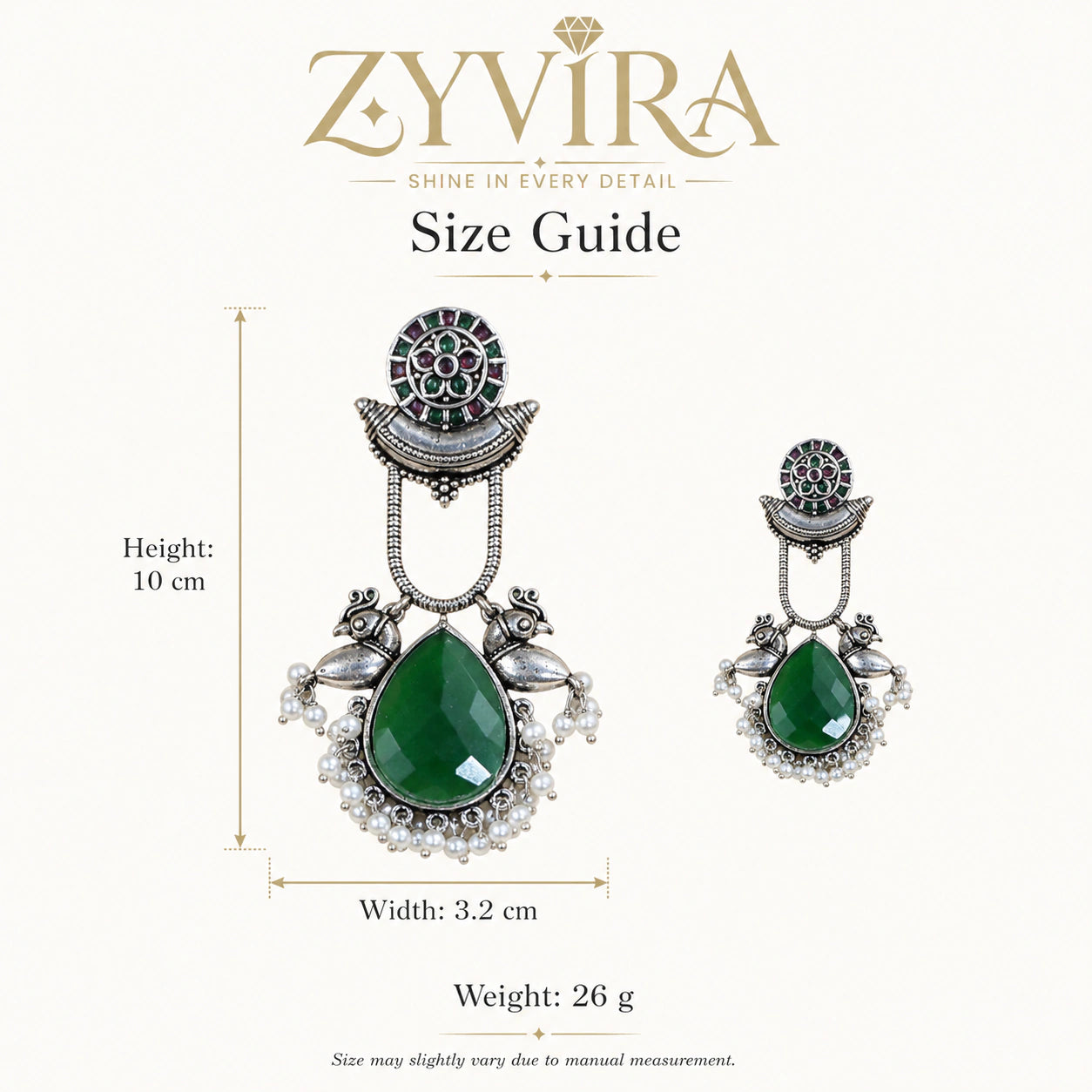 Size guide showing the proportions of green pearl bird-motif earrings