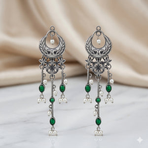 German silver green pearl-style chandelier earrings