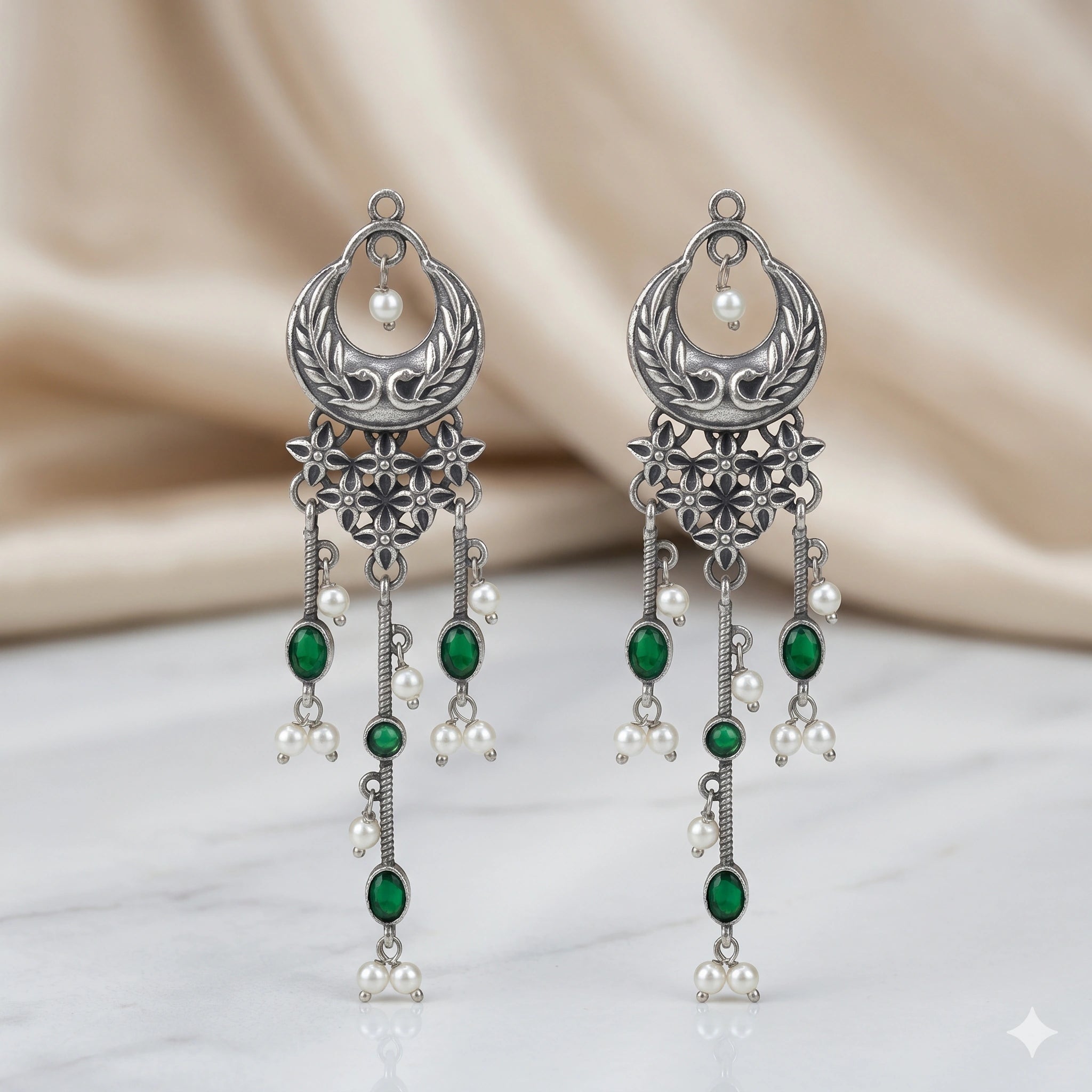 German silver green pearl-style chandelier earrings