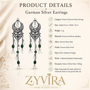 Product details card for German silver green pearl-style chandelier earrings