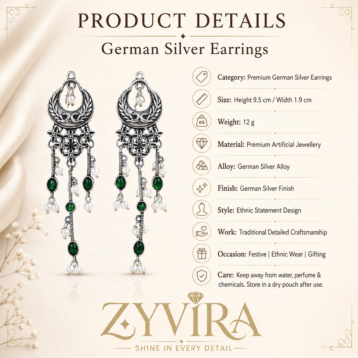 Product details card for German silver green pearl-style chandelier earrings