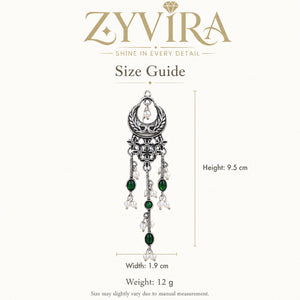 Size guide showing the proportions of green pearl-style chandelier earrings