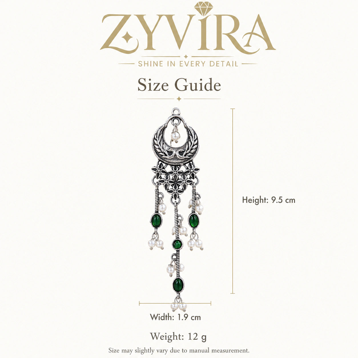 Size guide showing the proportions of green pearl-style chandelier earrings