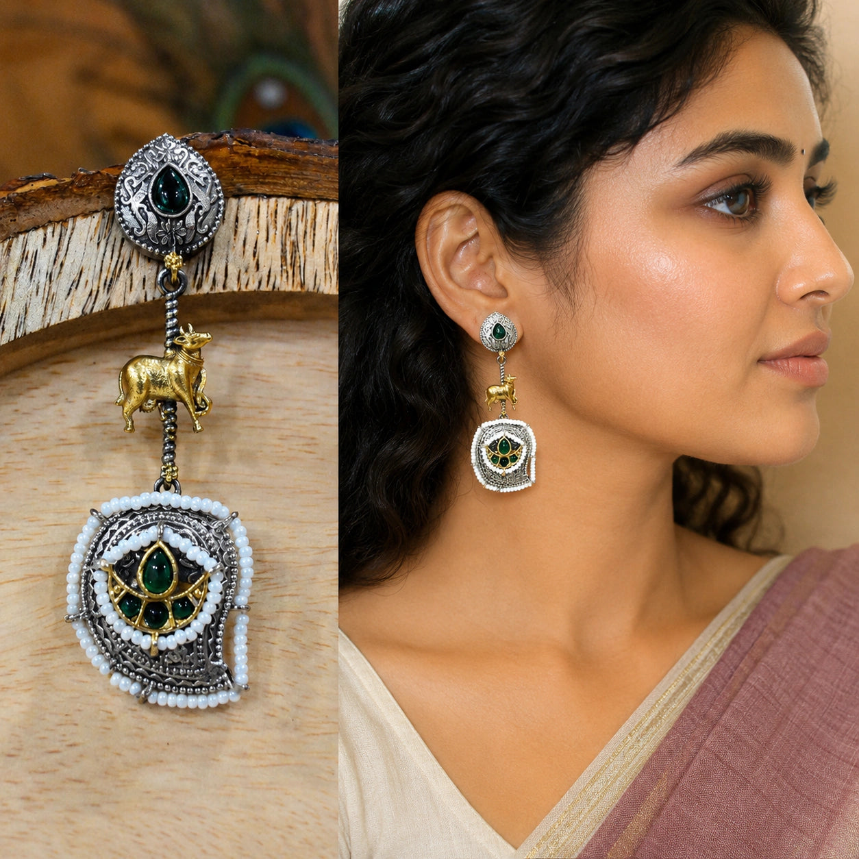 Close-up of green accents, cow motifs and pearl-style dangle detailing
