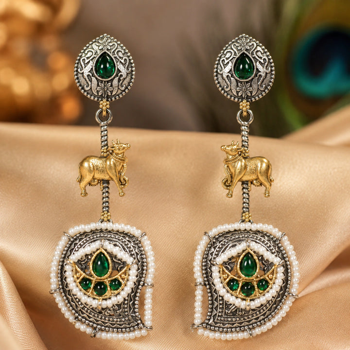 German silver green pearl-style cow-motif dangle earrings