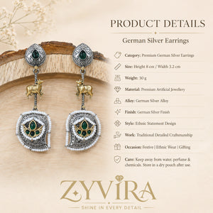 Product details card for German silver green pearl cow-motif earrings