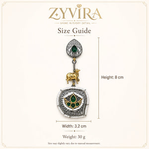 Size guide showing the proportions of green pearl cow-motif earrings