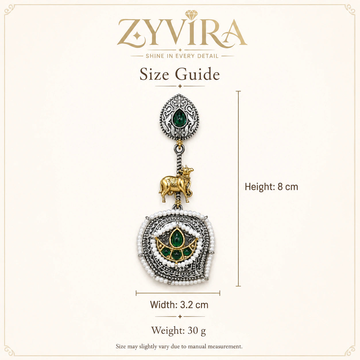 Size guide showing the proportions of green pearl cow-motif earrings