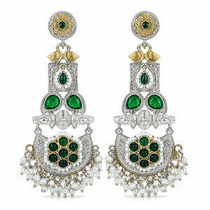 Alternate product view of German silver green pearl peacock chandelier earrings