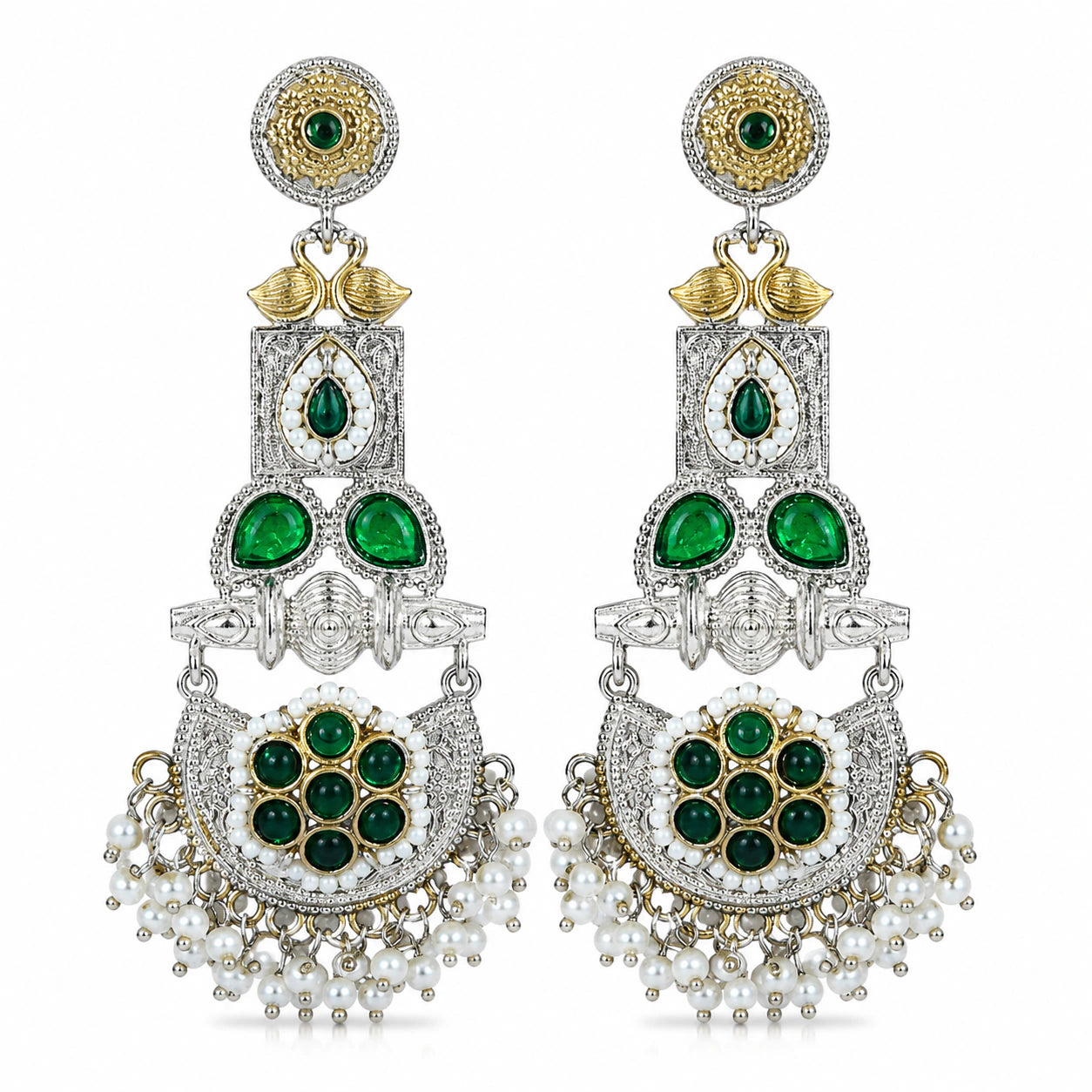Alternate product view of German silver green pearl peacock chandelier earrings
