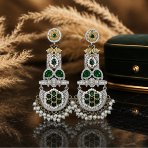 German silver green pearl-style peacock chandelier earrings