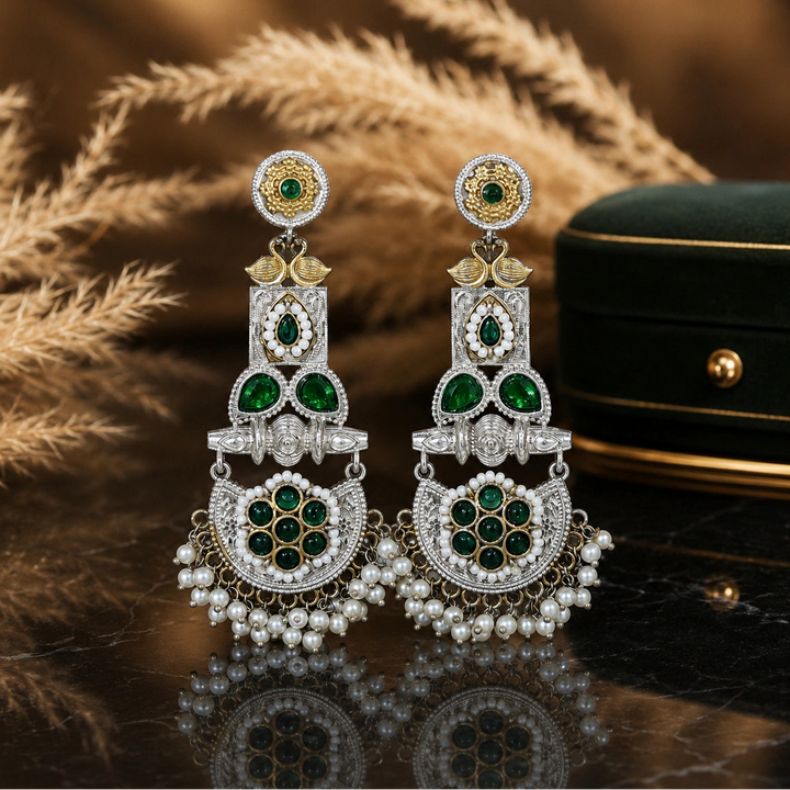 German silver green pearl-style peacock chandelier earrings