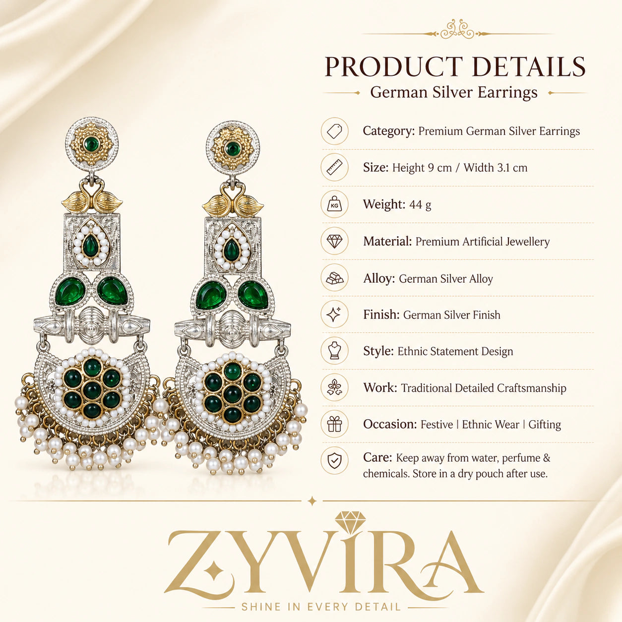 Product details card for German silver green pearl peacock chandelier earrings