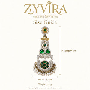 Size guide showing the proportions of green pearl peacock chandelier earrings
