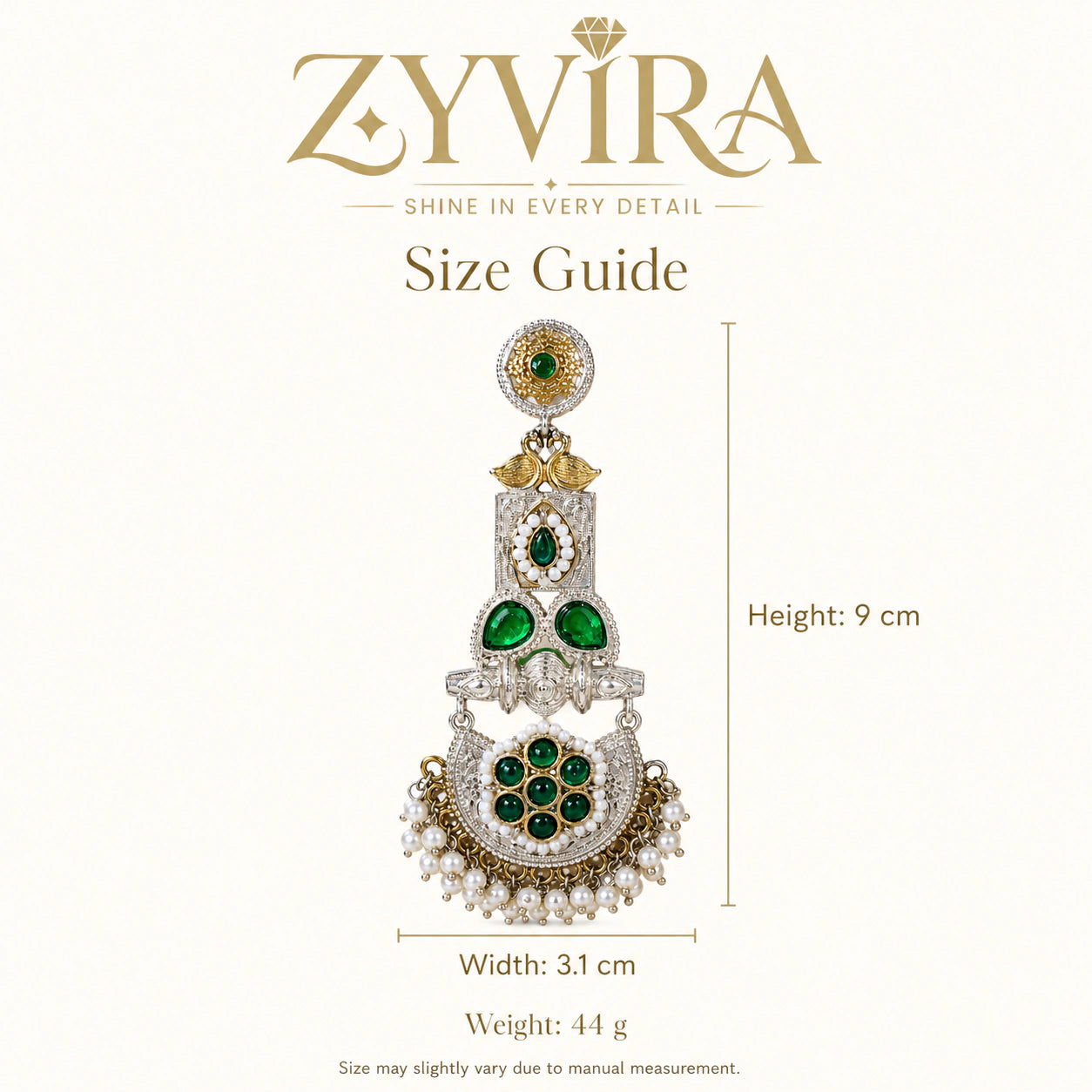Size guide showing the proportions of green pearl peacock chandelier earrings
