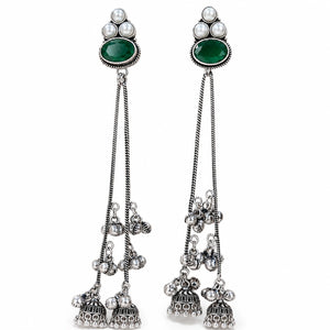 German silver green pearl tassel dangle earrings