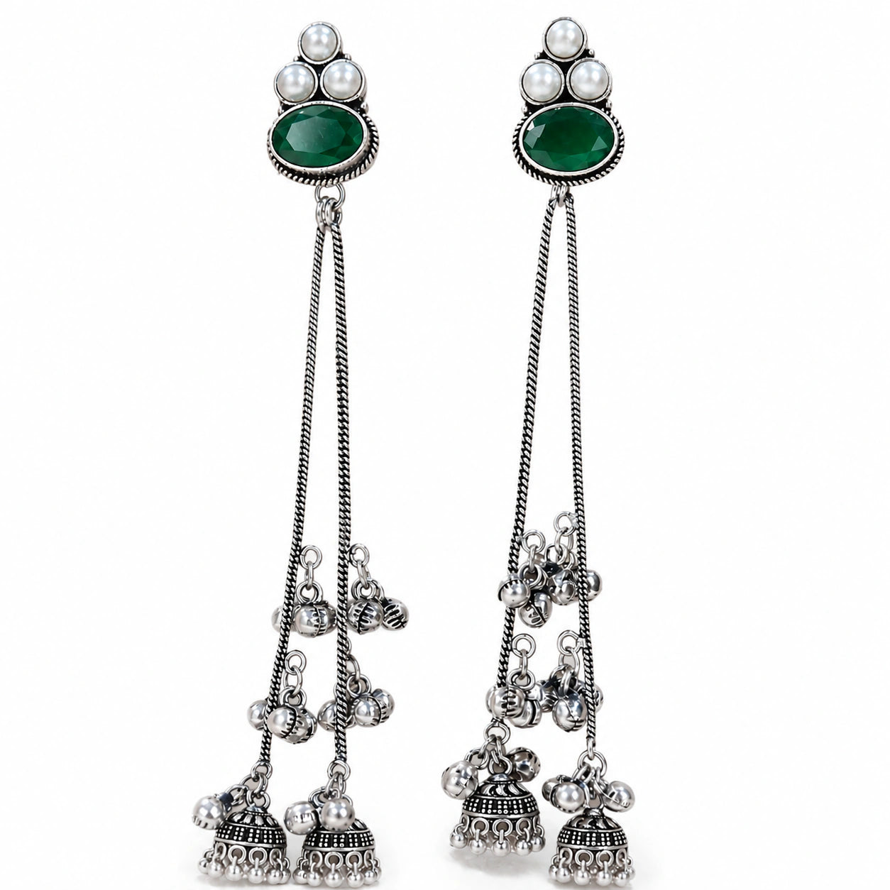 German silver green pearl tassel dangle earrings