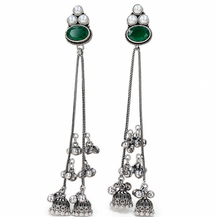 German silver green pearl tassel dangle earrings