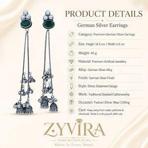 Product details card for German silver green pearl tassel dangle earrings