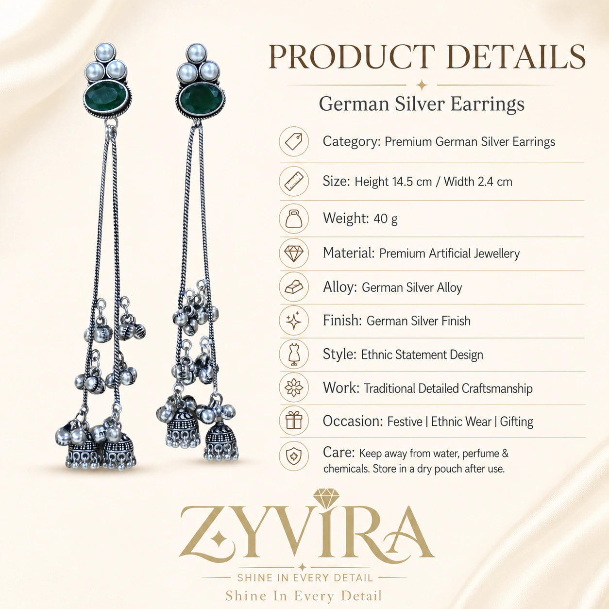 Product details card for German silver green pearl tassel dangle earrings