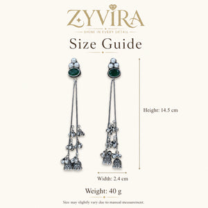 Size guide showing the proportions of green pearl tassel dangle earrings