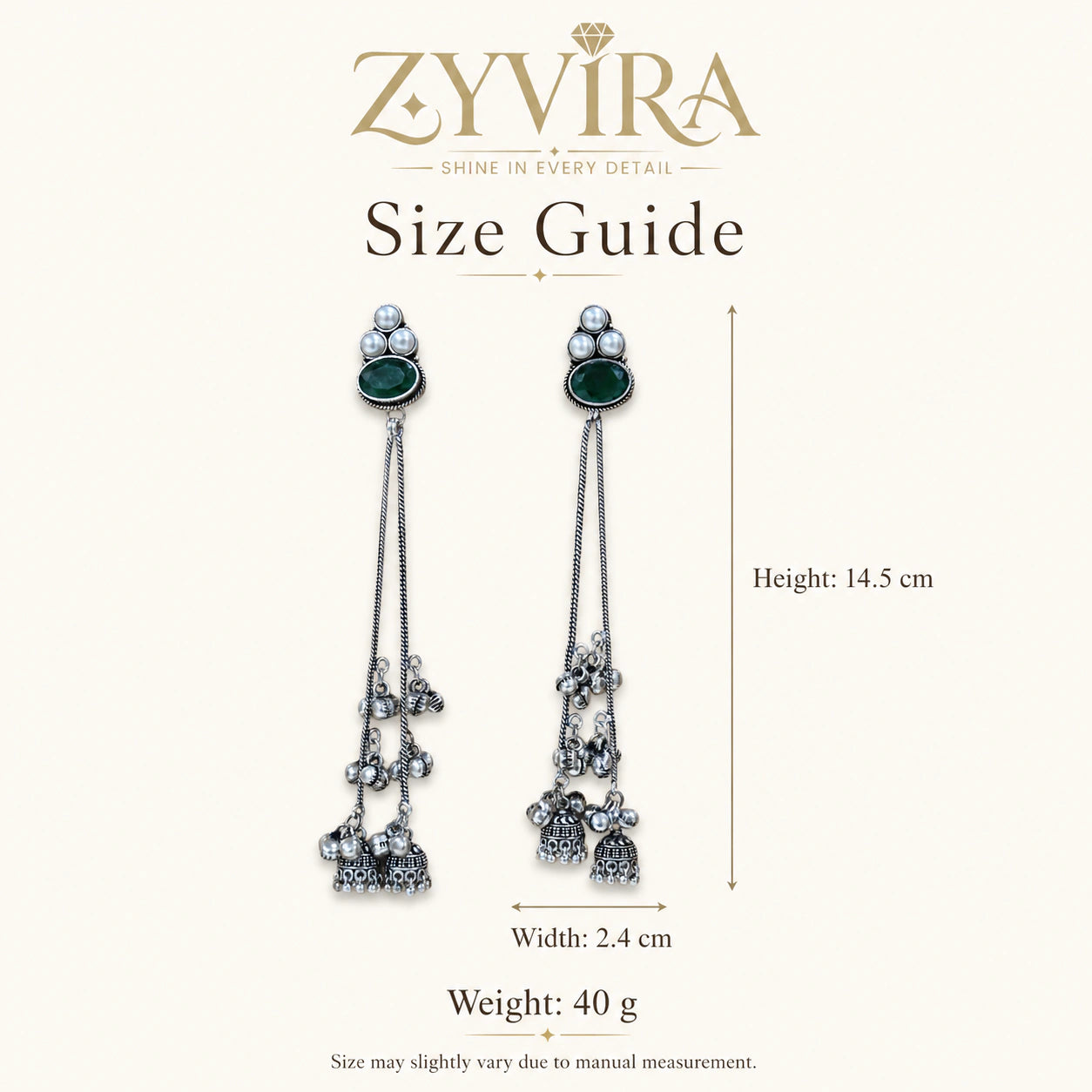 Size guide showing the proportions of green pearl tassel dangle earrings