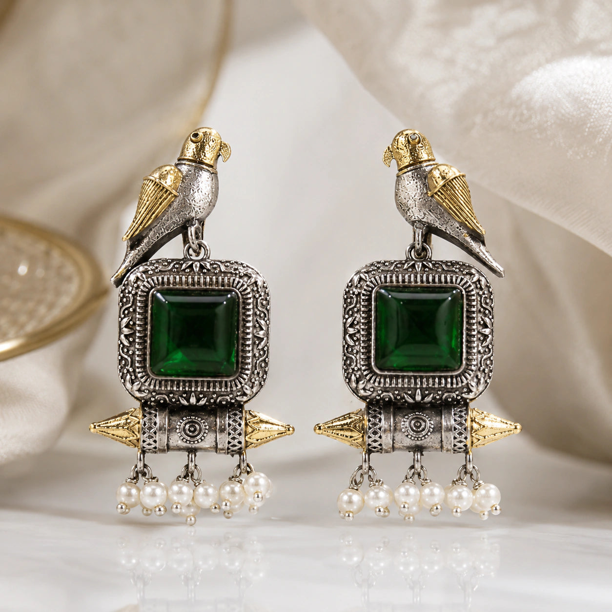 German silver green-stone bird pearl dangle earrings