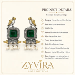Product details card for German silver green-stone bird pearl dangle earrings