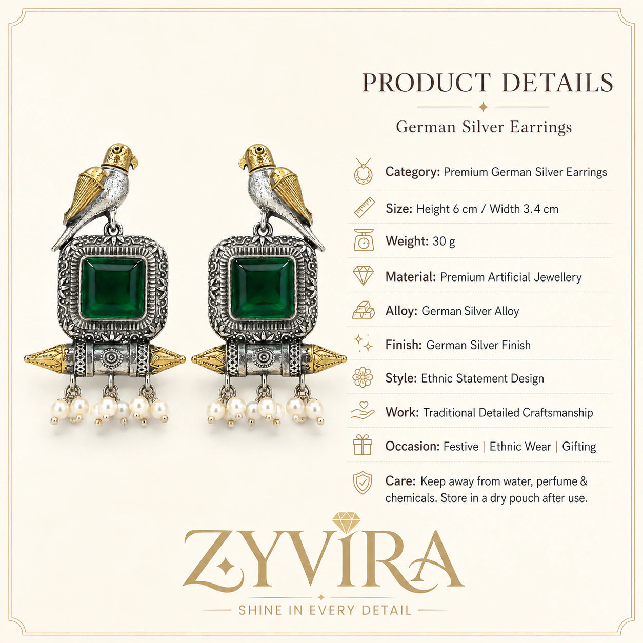 Product details card for German silver green-stone bird pearl dangle earrings