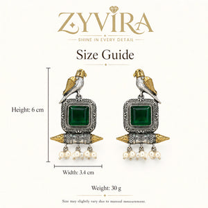 Size guide showing the proportions of green-stone bird pearl dangle earrings