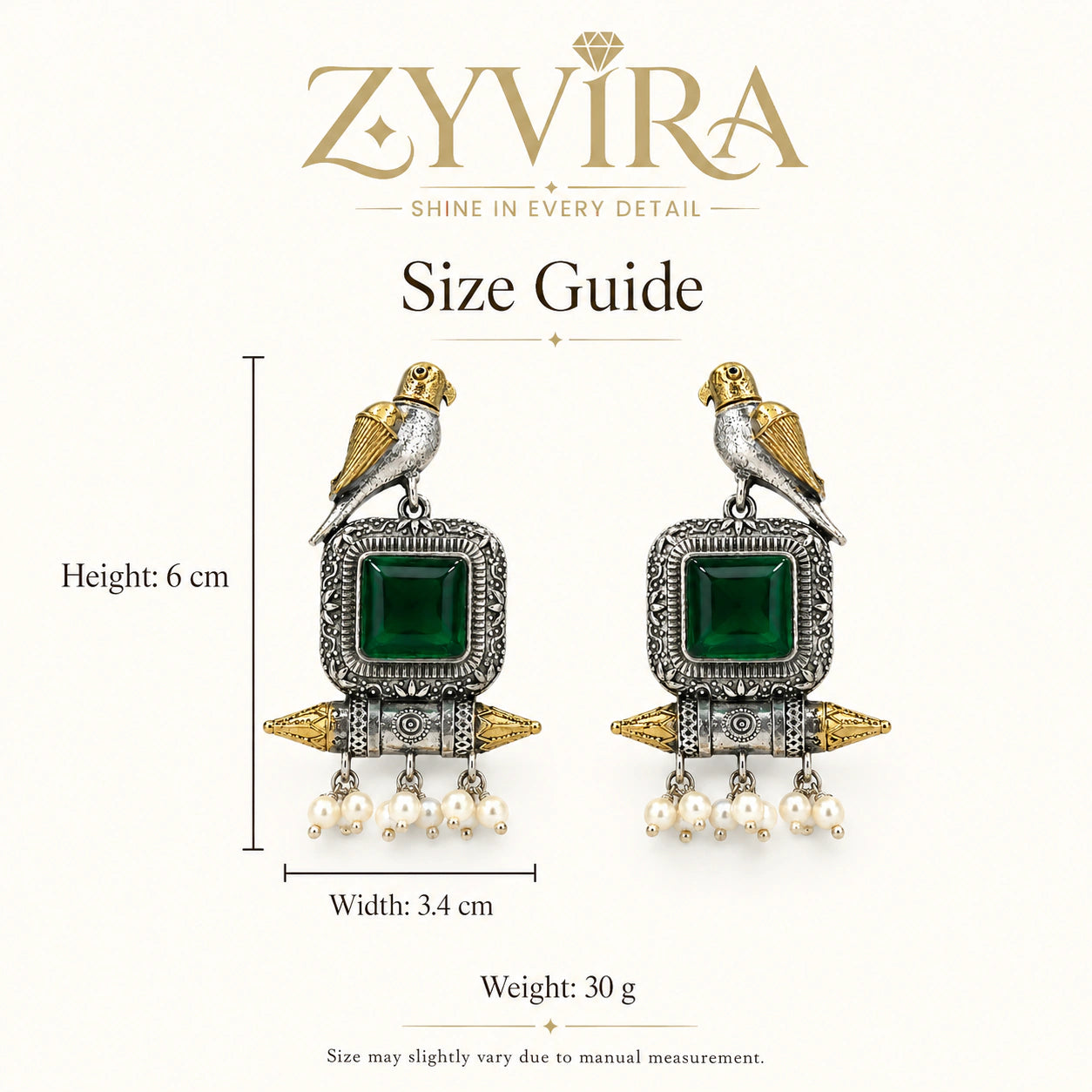 Size guide showing the proportions of green-stone bird pearl dangle earrings