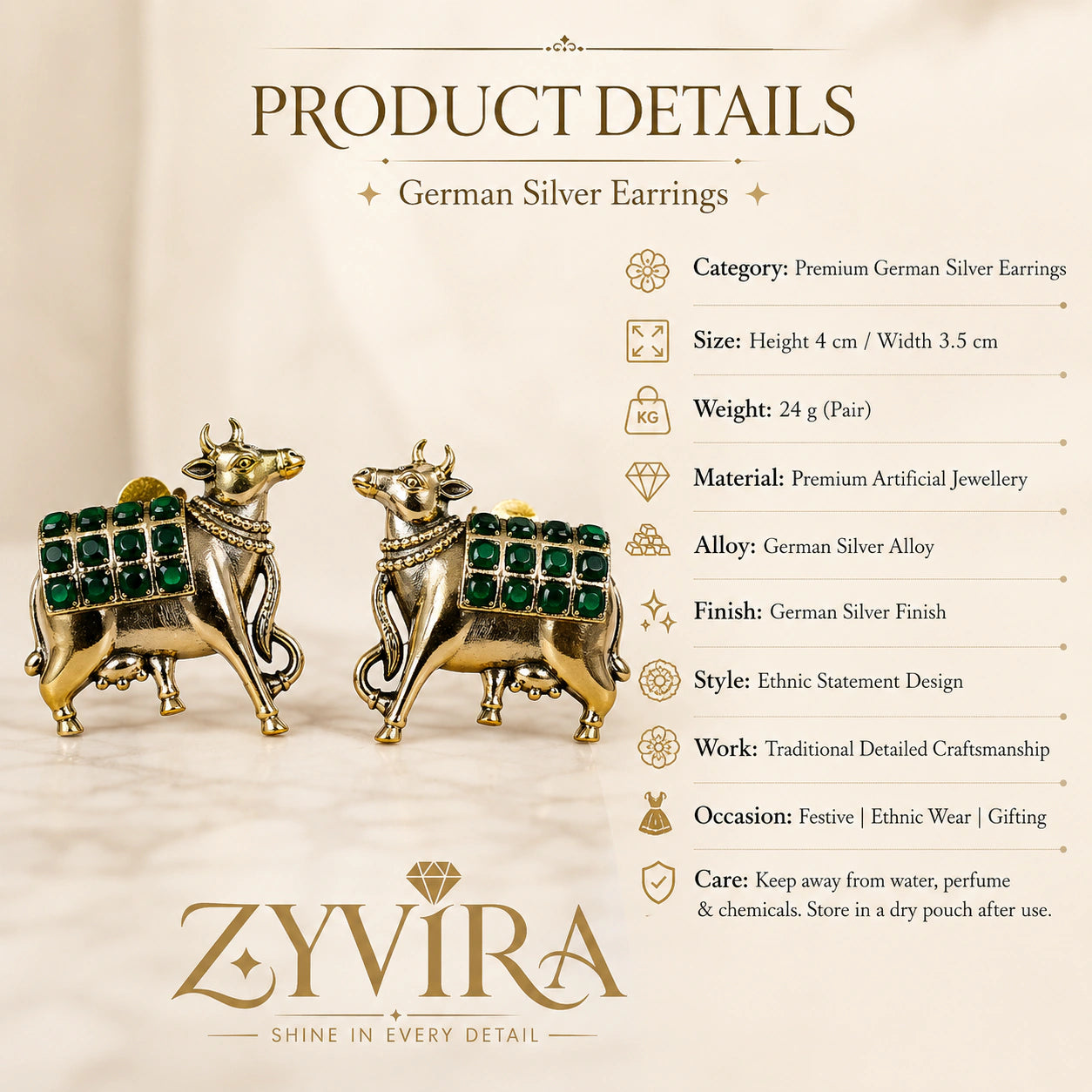 Product details card for German silver green-stone cow-motif earrings