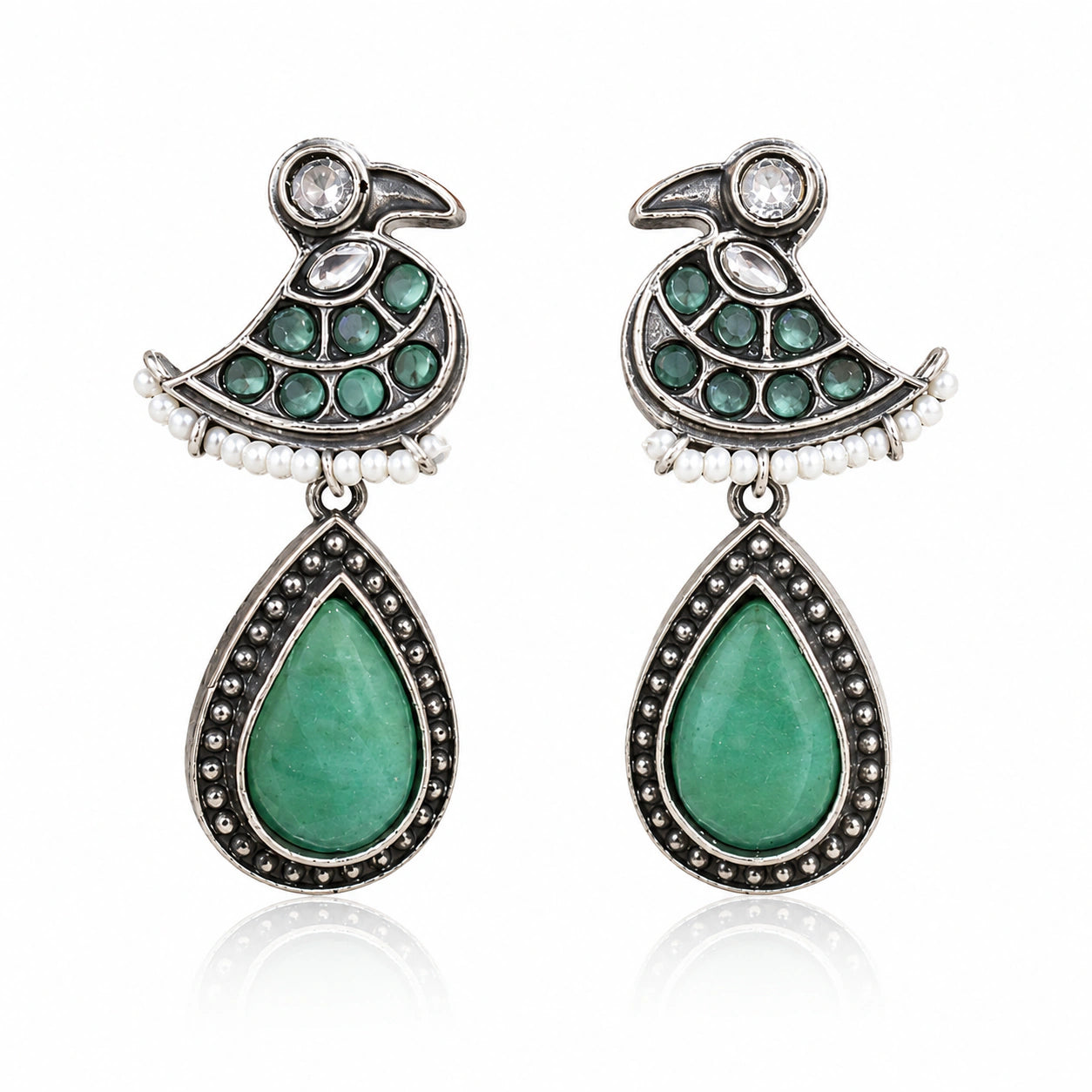 German silver green-stone pearl-style dangle earrings