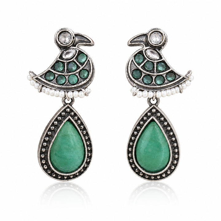 German silver green-stone pearl-style dangle earrings