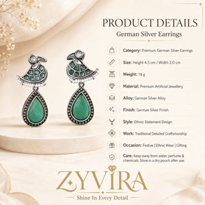 Product details card for German silver green-stone pearl-style dangle earrings
