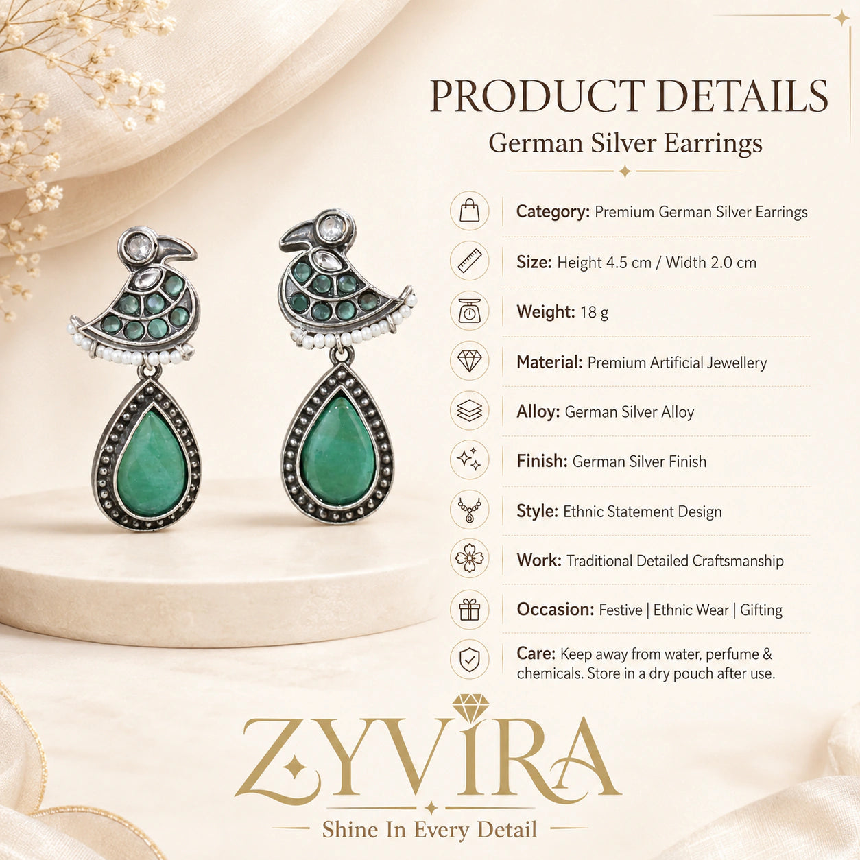 Product details card for German silver green-stone pearl-style dangle earrings