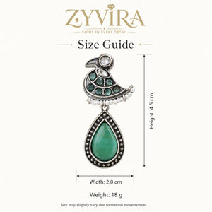 Size guide showing the proportions of green-stone pearl-style dangle earrings