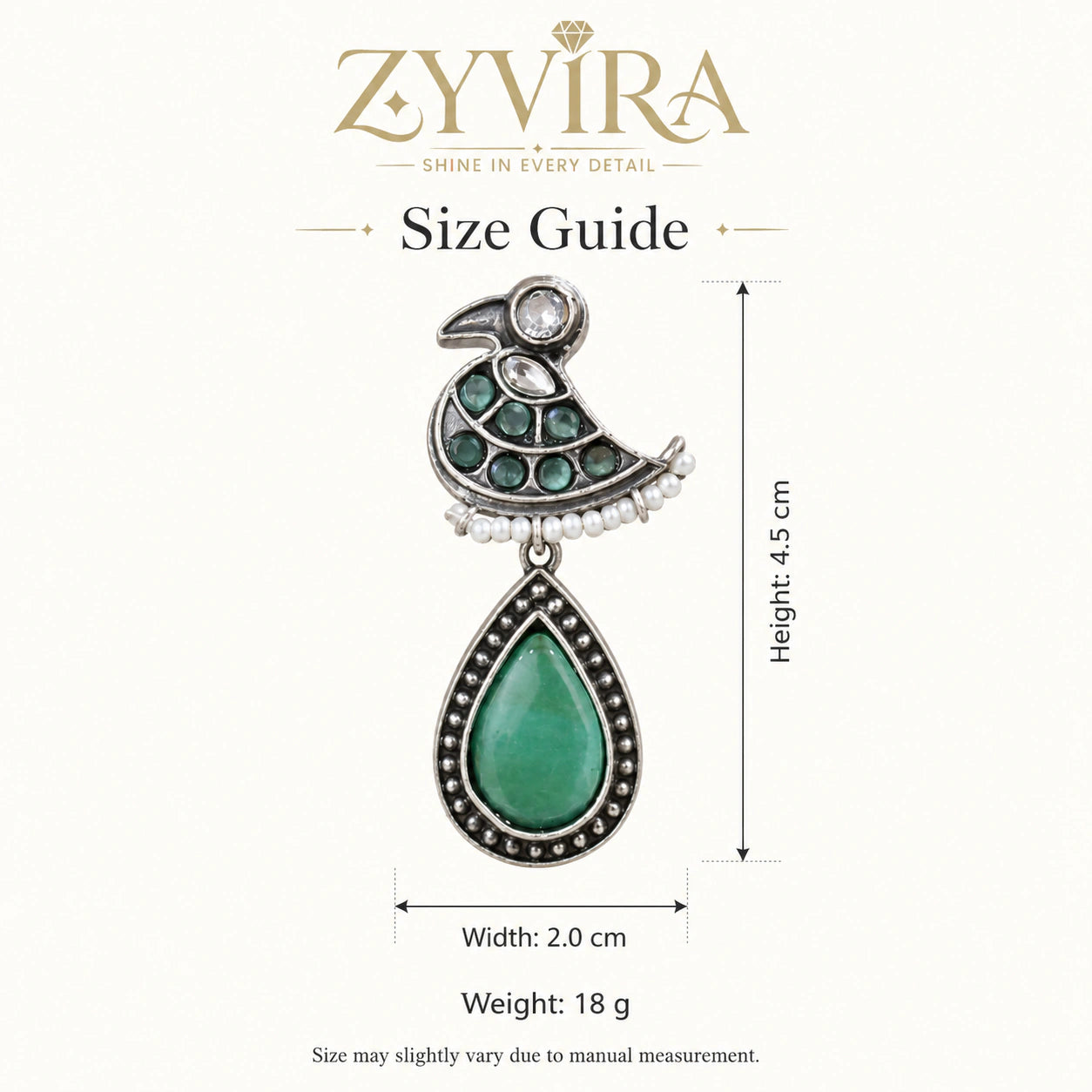 Size guide showing the proportions of green-stone pearl-style dangle earrings