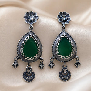 German silver green teardrop beaded dangle earrings
