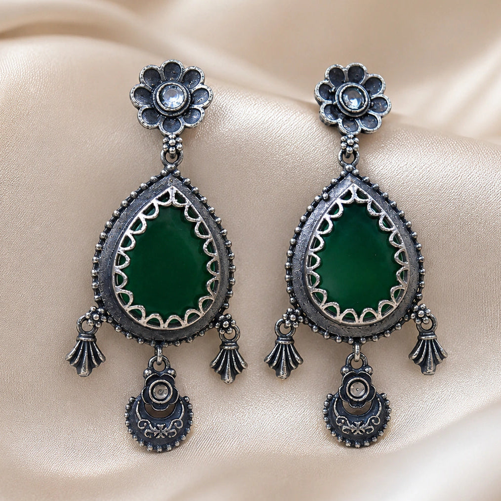 German silver green teardrop beaded dangle earrings