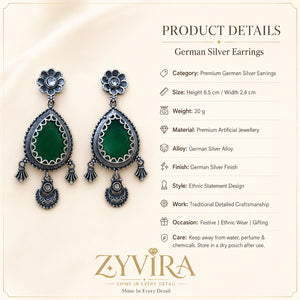Product details card for German silver green teardrop beaded earrings