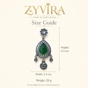 Size guide showing the proportions of green teardrop beaded earrings
